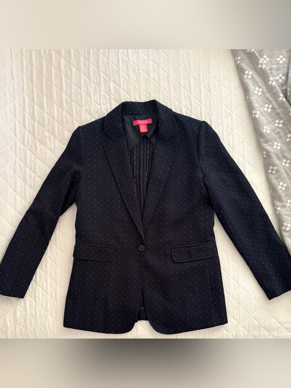 Catherine Malandrino Navy Blazer with Subtle red and white dots